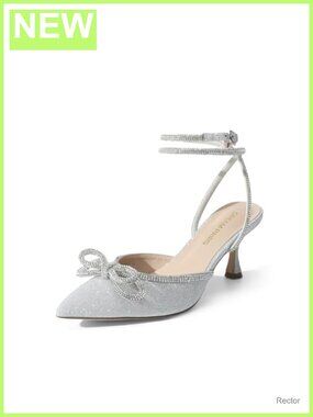 Glitter Rhinestone Bow Kitten Heel Pumps Ankle Strap Slingback Dress Shoes